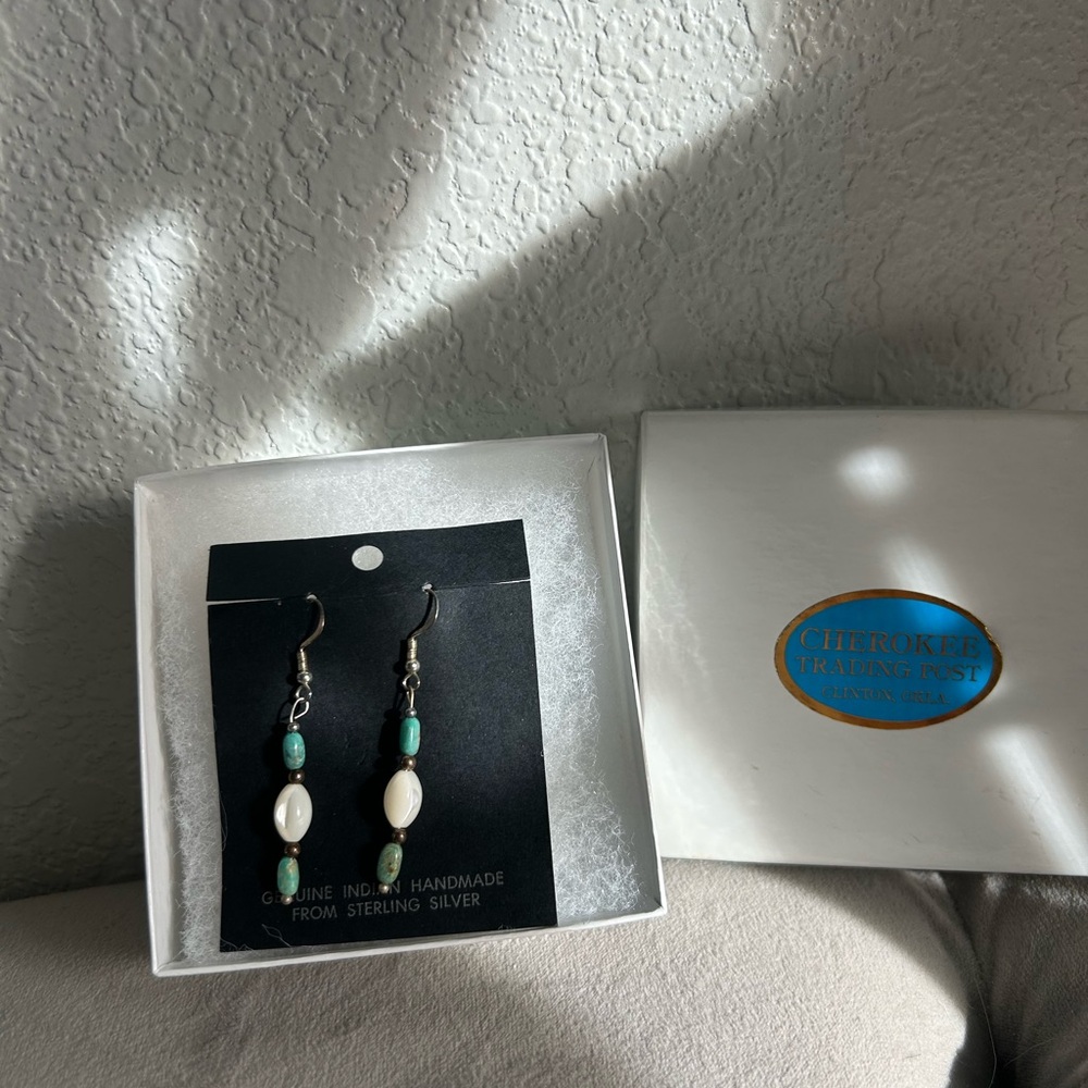 Sterling Silver Earrings with Turquoise and White Beads-Handmade